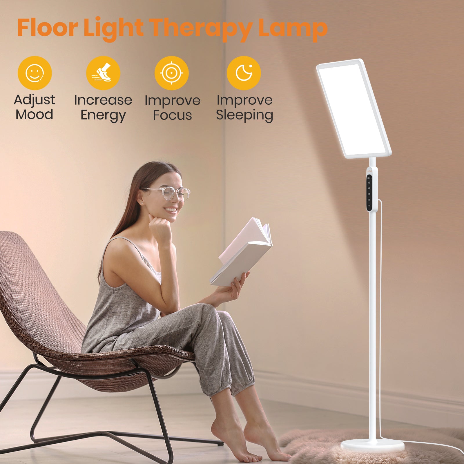 LASTAR Light Therapy Lamp, Sun Light, 12000LUX UV-Free &Full Spectrum Daylight Lamp,Remote Control/4 Color Temperature/5 Brightness/4 Timer/3 Height Floor Sunlight Lamp(White)