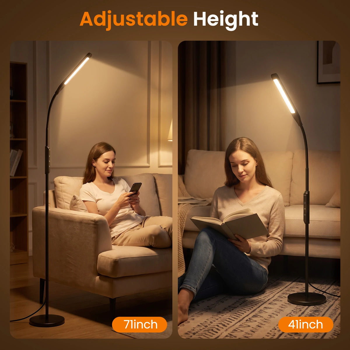 LASTAR adjustable-height floor lamp shown in tall and short configurations for reading