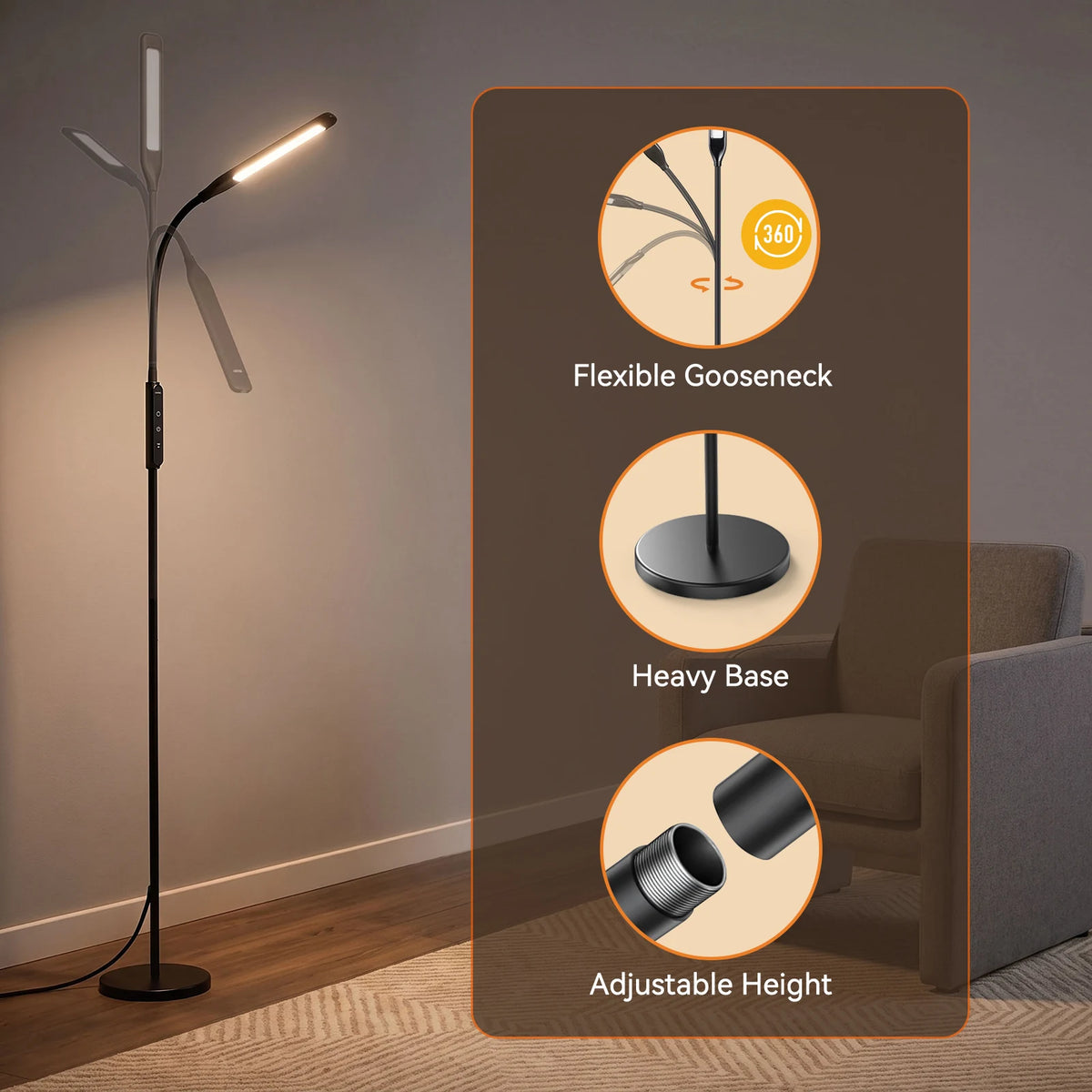 LASTAR floor lamp details showing its flexible gooseneck, weighted base and adjustable-height pole