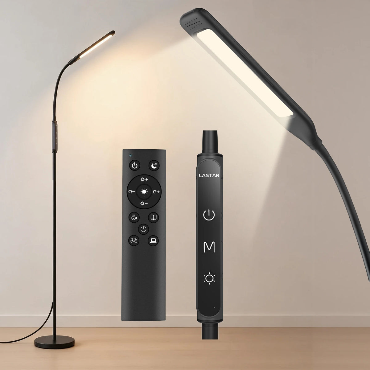 LASTAR black LED floor lamp with remote control, touch panel and flexible gooseneck