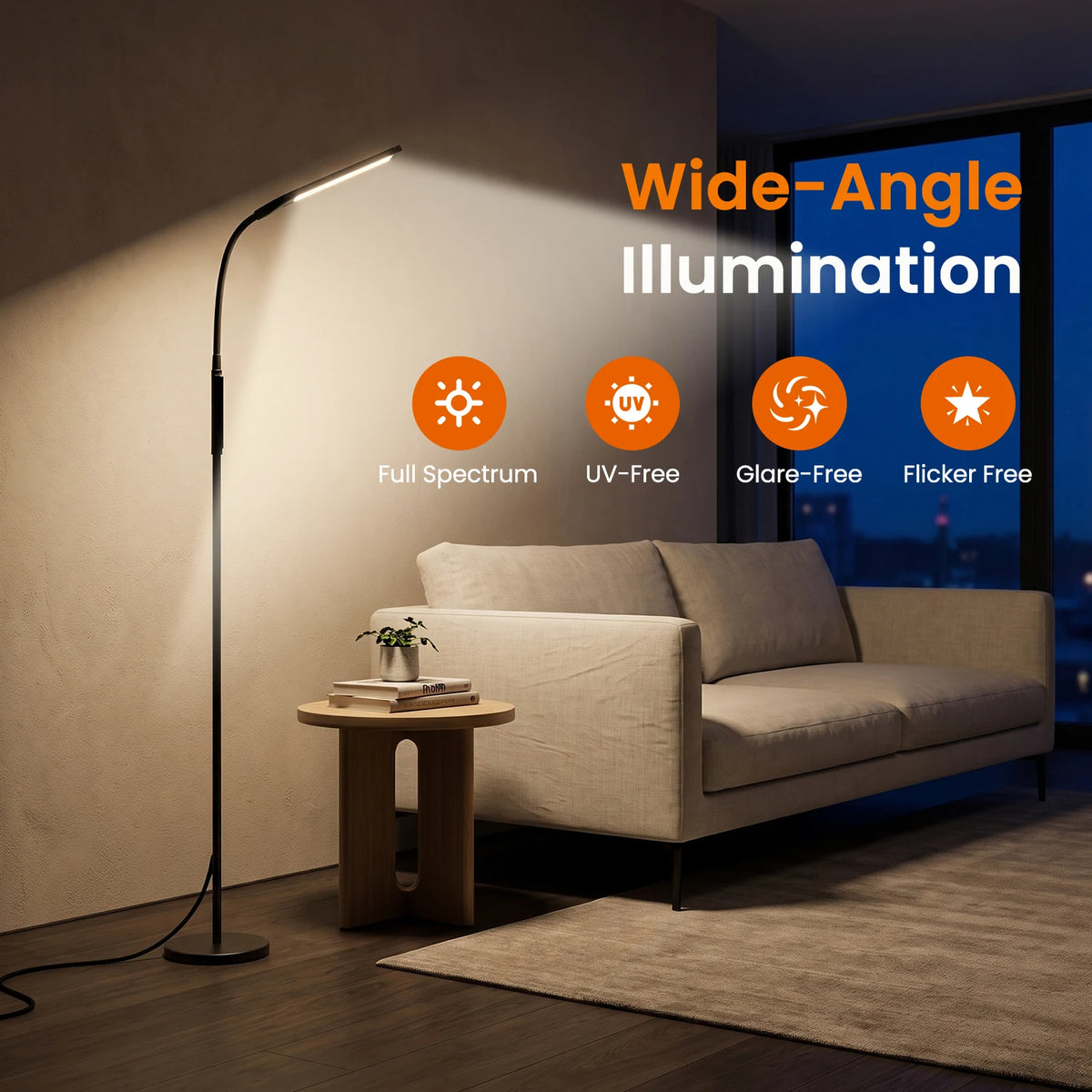 LASTAR LED floor lamp casting wide-angle light beside a living room sofa