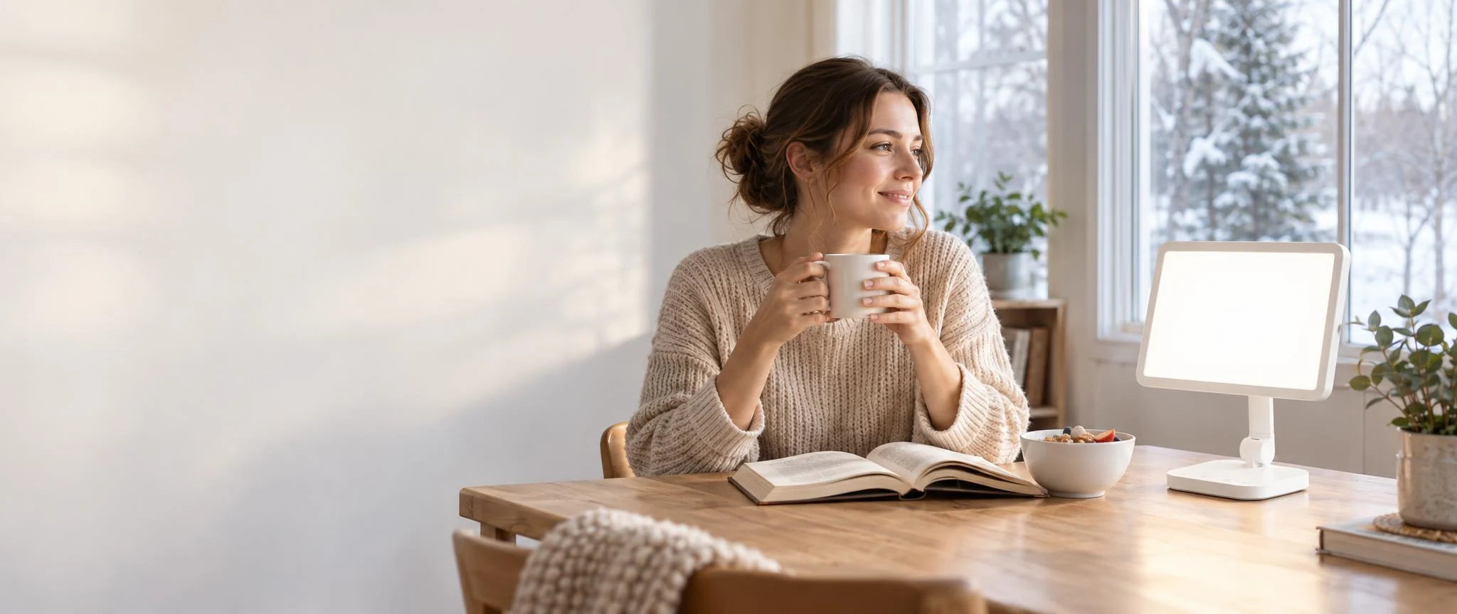 LASTAR Plussun light therapy lamp beside a woman enjoying her morning coffee.