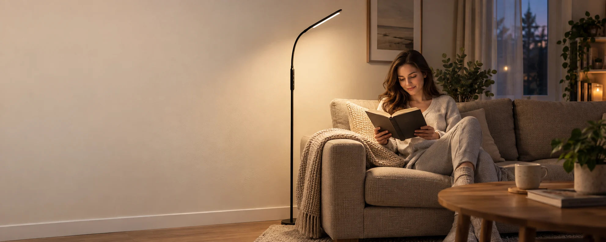 A woman reading beside her LASTAR floor reading lamp.