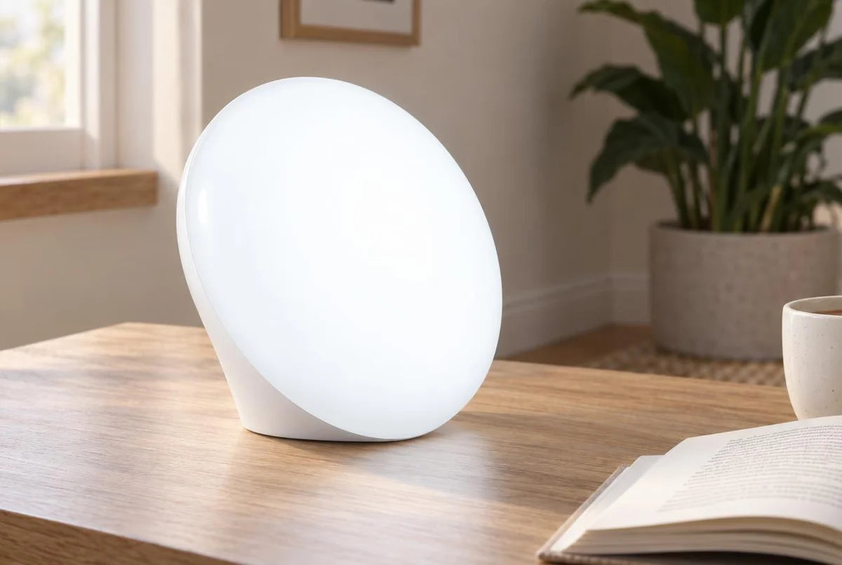 Round white-light LASTAR lamp beside a book.