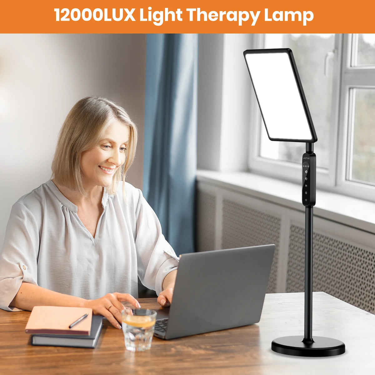 LASTAR 12000 lux floor light beside a home office desk
