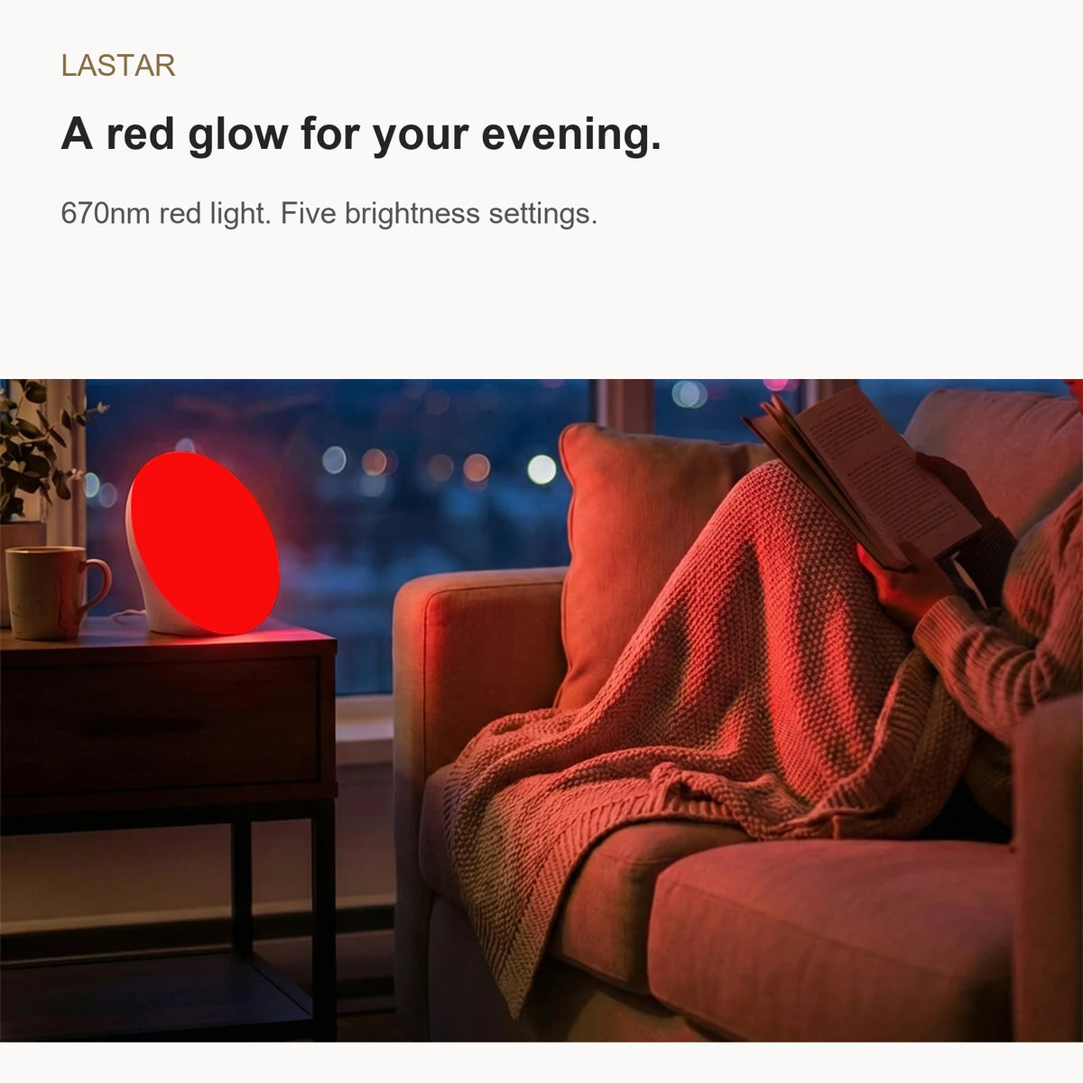 LASTAR red night light beside a sofa for an evening reading routine