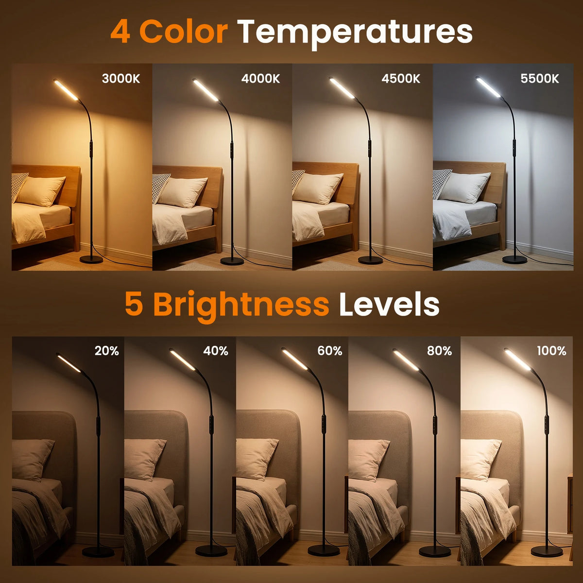 LASTAR floor lamp with four color temperatures from 3000K to 5500K and five brightness levels