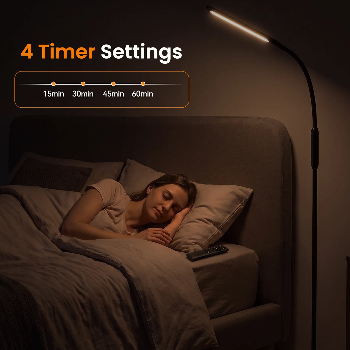 LASTAR LED floor lamp beside a bed with automatic shutoff timer options