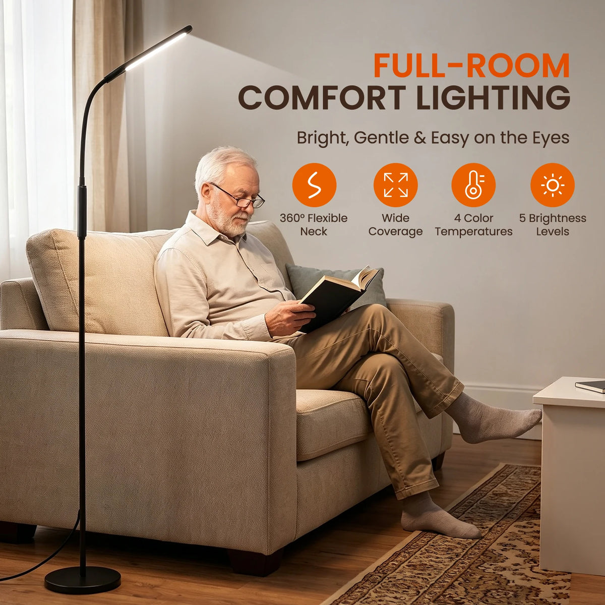 LASTAR LED floor lamp illuminating a book beside a living room armchair