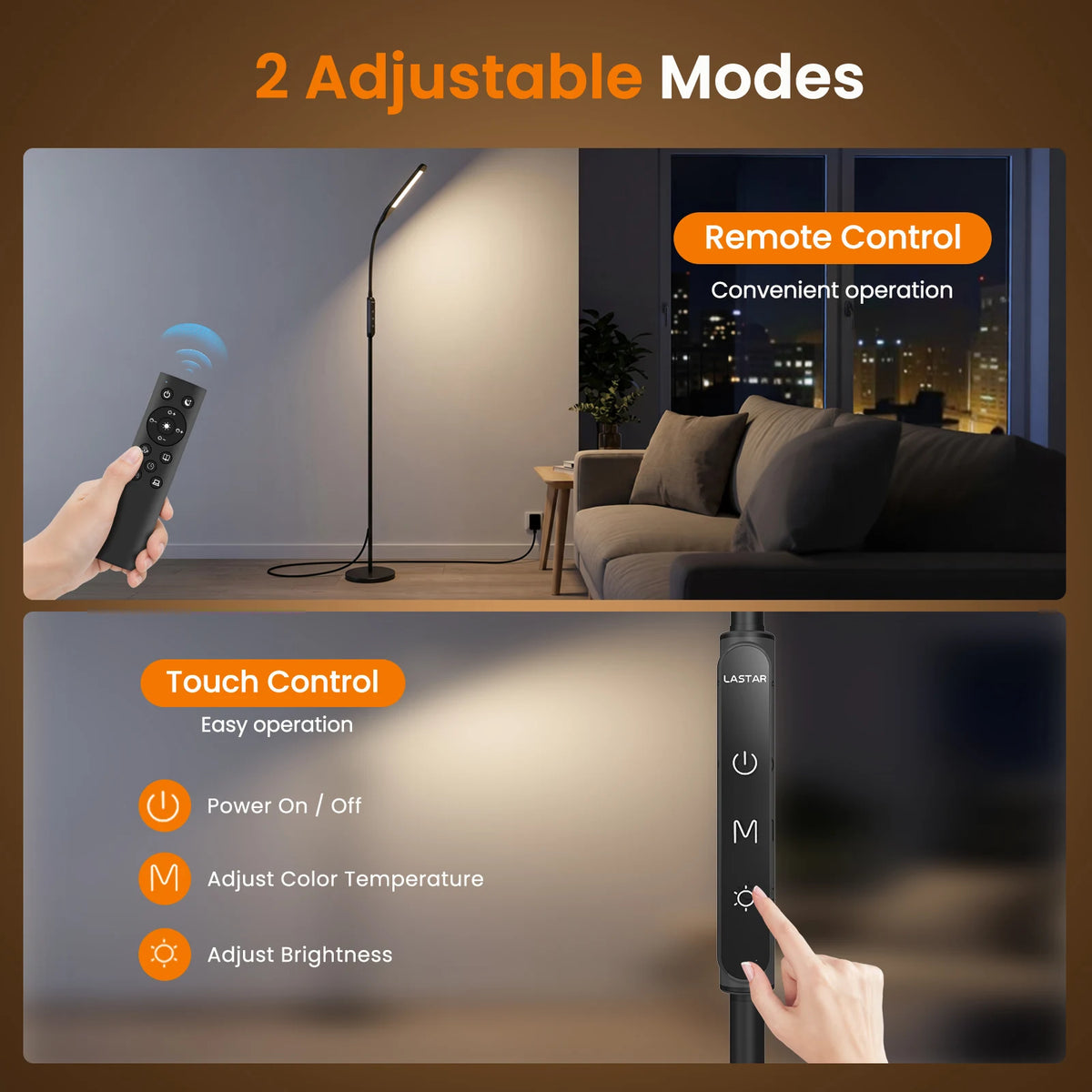 Remote control and touch panel controls on the LASTAR dimmable LED floor lamp