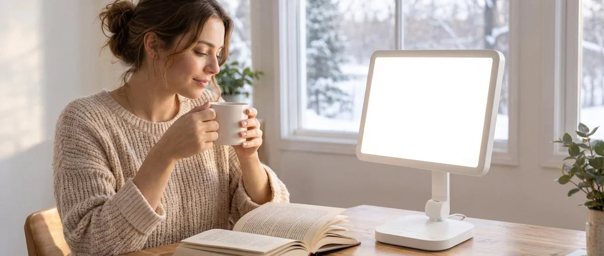 A woman reading beside her Plussun lamp.