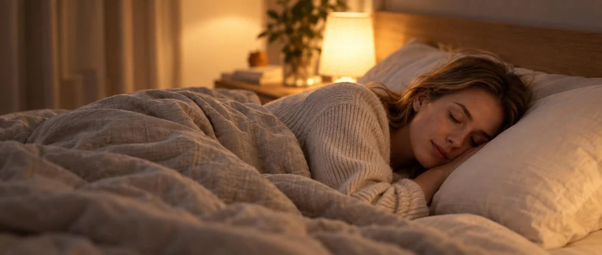 A woman resting in a softly lit bedroom.